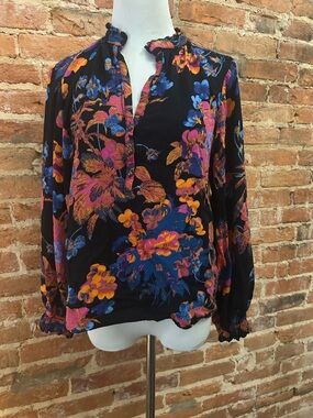 Anthropologie Black Floral Ruffle Collar Blouse